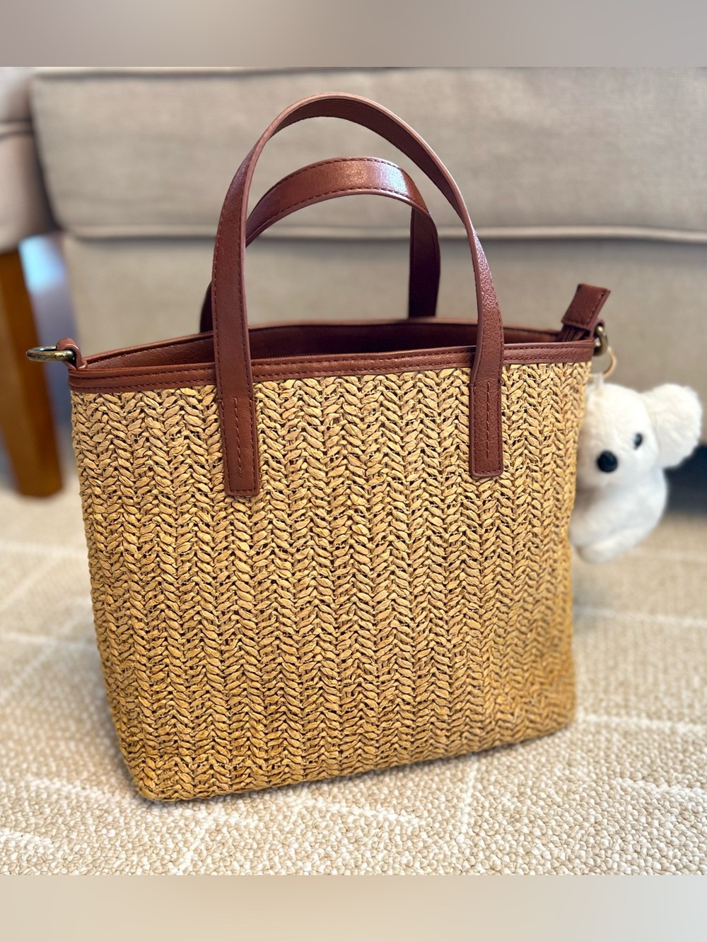 Sonoma Woven Straw Mini Tote in Tan with Brown Trim with a Crossbody Strap